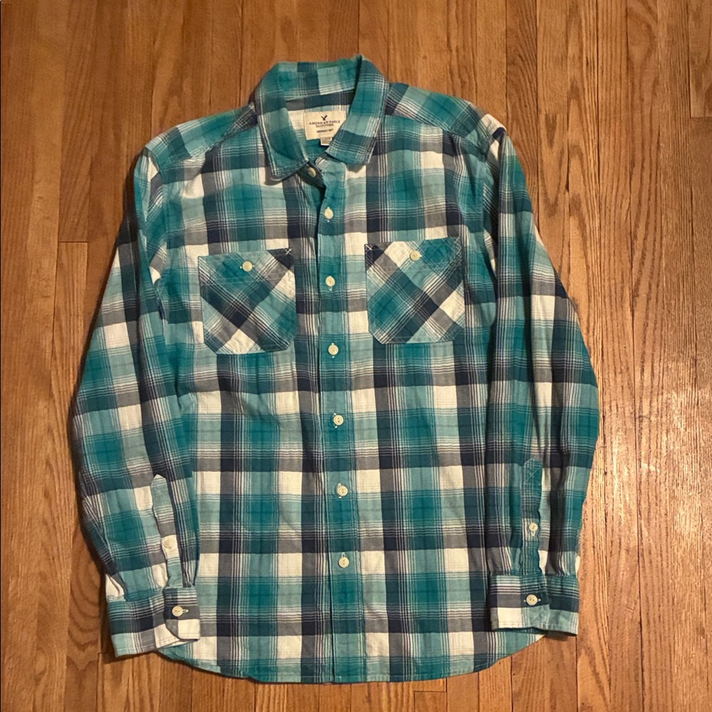 American Eagle Outfitters Teal and Navy and White 100% Cotton Plaid Shirt